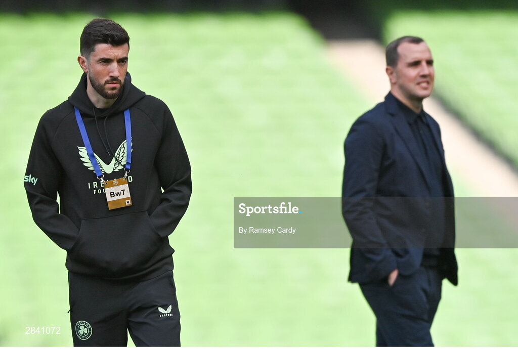4 June 2024; Finn Azaz of Republic of Ireland and Republic of Ireland interim head coach John O'Shea during the international friendly match between Republic of Ireland and Hungary at Aviva Stadium in Dublin. Photo by Ramsey Cardy/Sportsfile