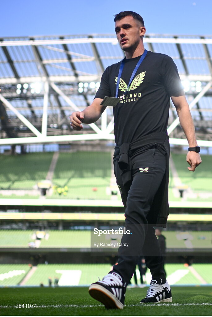 4 June 2024; Jason Knight of Republic of Ireland walks the pitch before the international friendly match between Republic of Ireland and Hungary at Aviva Stadium in Dublin. Photo by Ramsey Cardy/Sportsfile