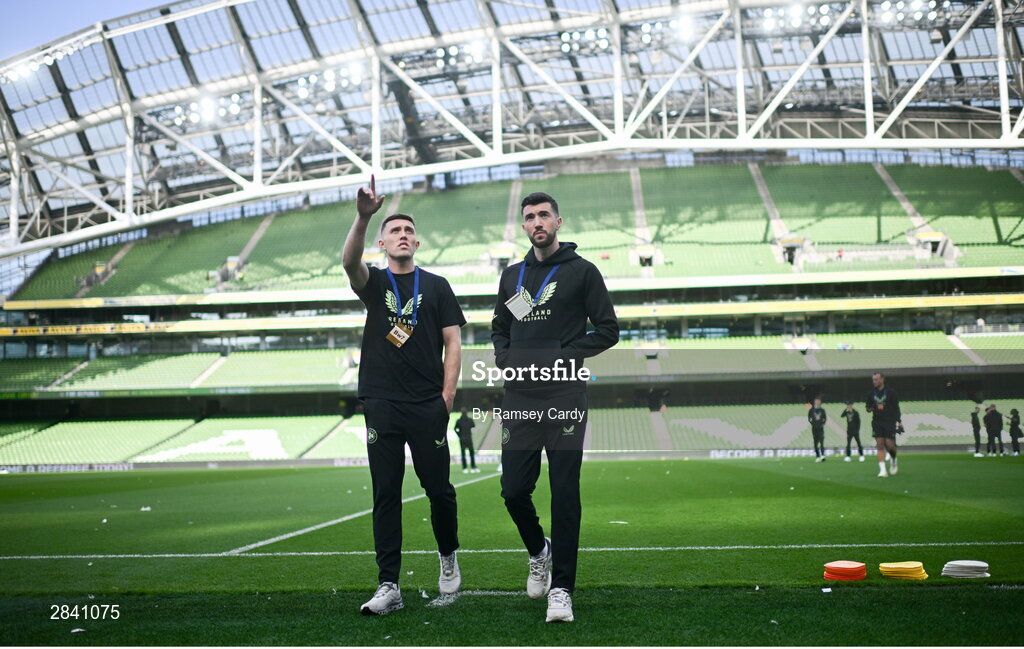 4 June 2024; Dara O'Shea and Finn Azaz of Republic of Ireland walk the pitch before the international friendly match between Republic of Ireland and Hungary at Aviva Stadium in Dublin. Photo by Ramsey Cardy/Sportsfile