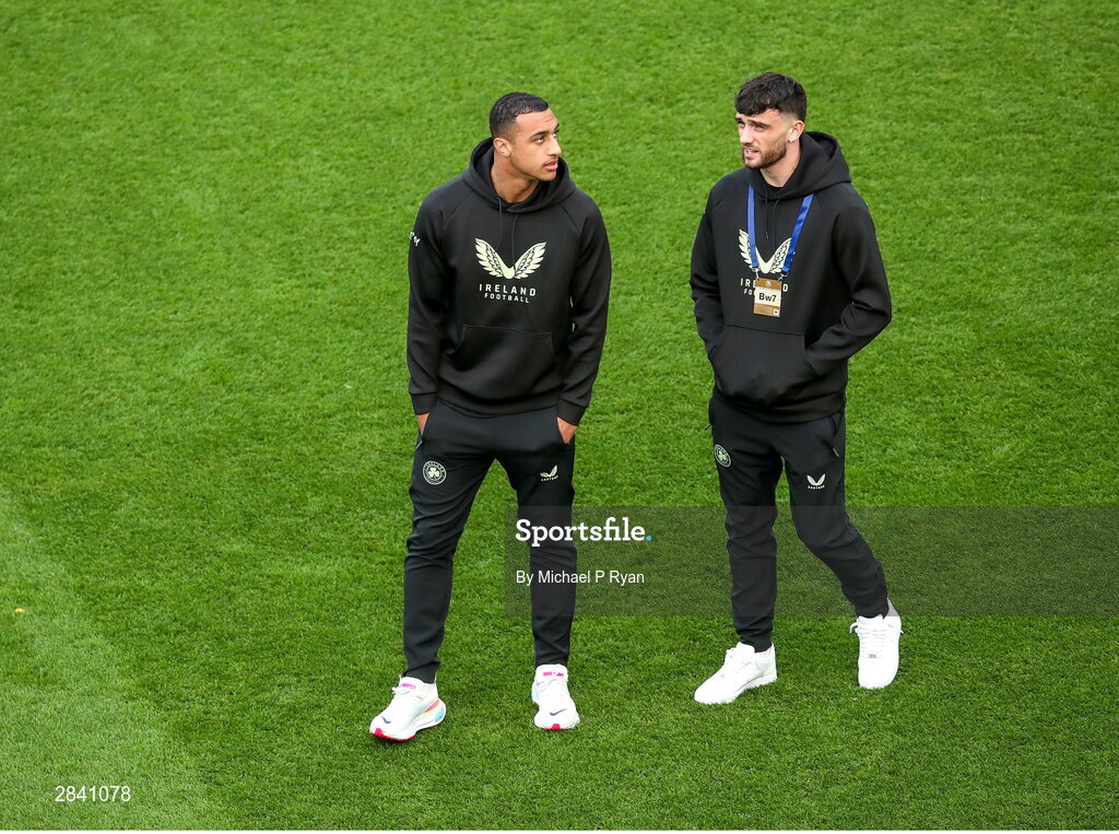 4 June 2024; Republic of Ireland players, from left, Adam Idah, and Troy Parrott before the international friendly match between Republic of Ireland and Hungary at Aviva Stadium in Dublin. Photo by Michael P Ryan/Sportsfile