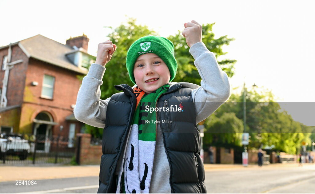 4 June 2024; Republic of Ireland supporter Louis Kerry, aged seven, before the international friendly match between Republic of Ireland and Hungary at Aviva Stadium in Dublin. Photo by Tyler Miller/Sportsfile