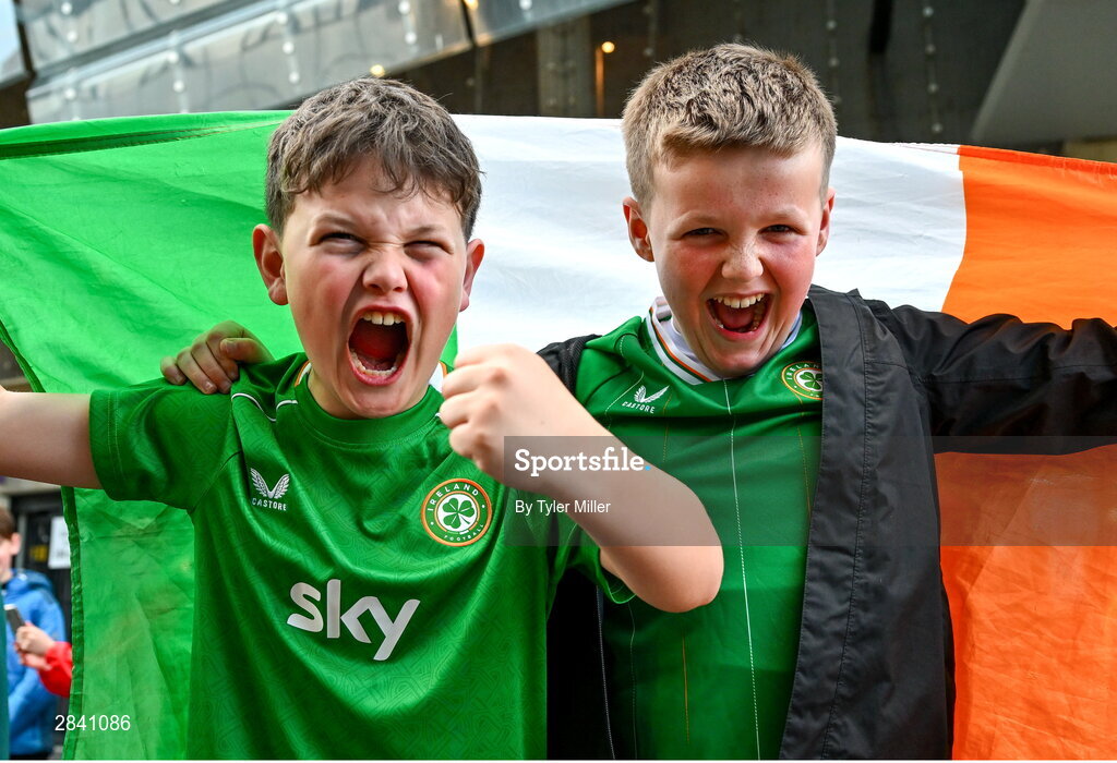 4 June 2024; Republic of Ireland supporters Kieran Lullaa and Cody Wiltshire before the international friendly match between Republic of Ireland and Hungary at Aviva Stadium in Dublin. Photo by Tyler Miller/Sportsfile