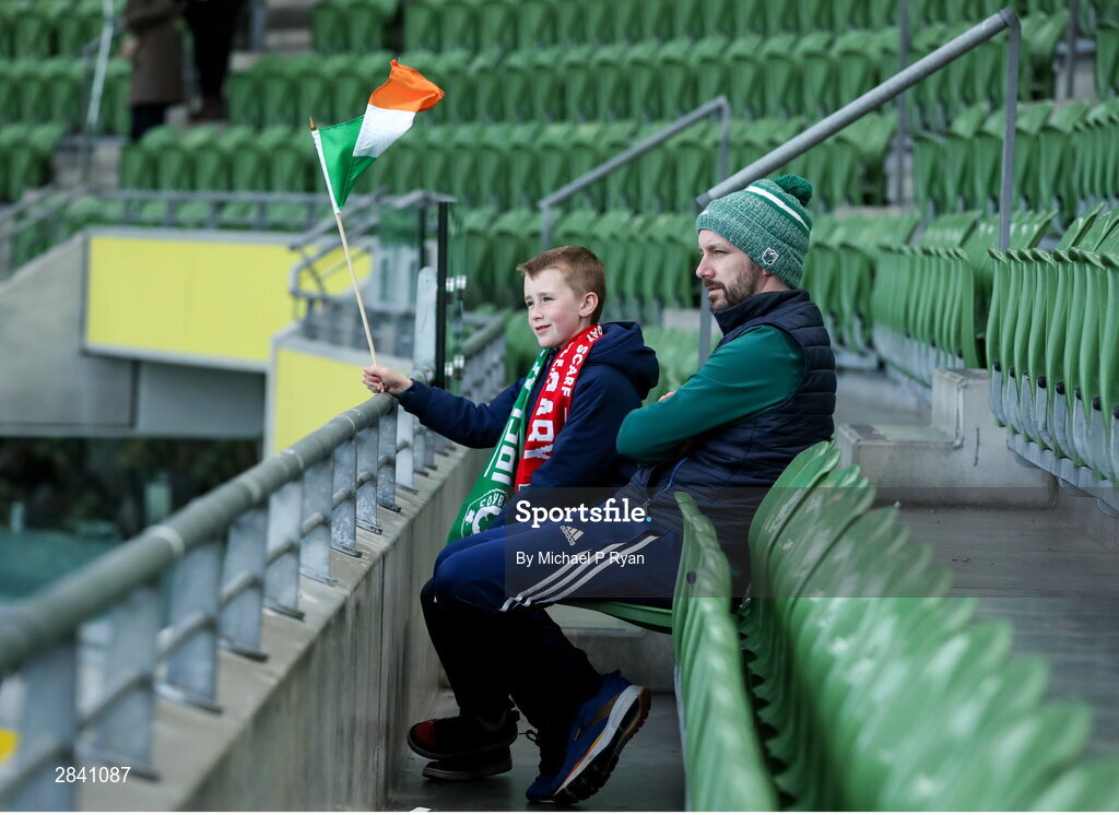 4 June 2024; Republic of Ireland supporters Brian and Jack Callanan, from Tipperary, before the international friendly match between Republic of Ireland and Hungary at Aviva Stadium in Dublin. Photo by Michael P Ryan/Sportsfile