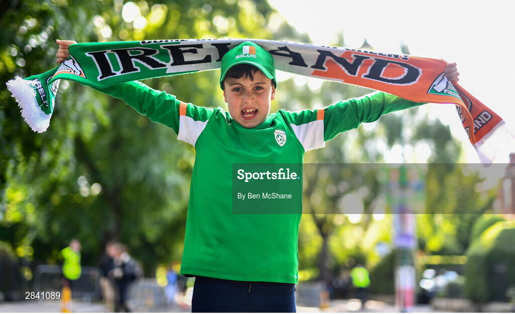 4 June 2024; Republic of Ireland supporter Ruben Coen, aged 8, from Lucan in Dublin before  the international friendly match between Republic of Ireland and Hungary at Aviva Stadium in Dublin. Photo by Ben McShane/Sportsfile