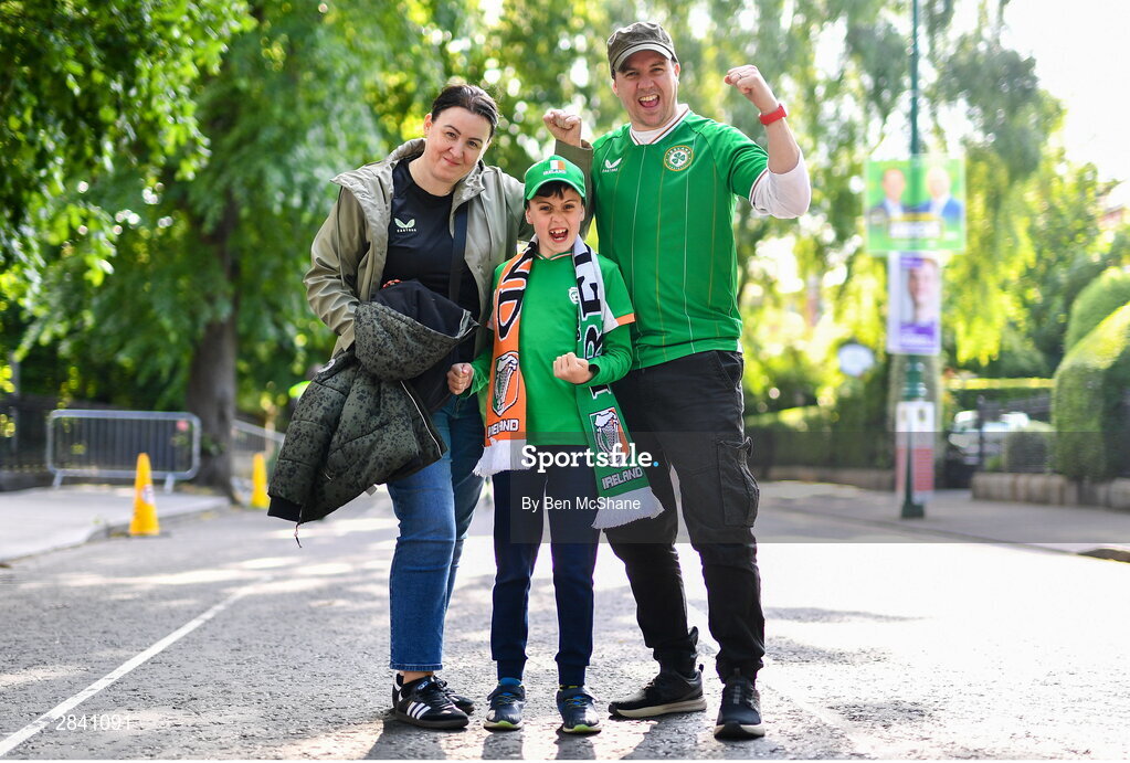4 June 2024; Republic of Ireland supporters Aisling, Daragh and Ruben Coen from Lucan in Dublin before the international friendly match between Republic of Ireland and Hungary at Aviva Stadium in Dublin. Photo by Ben McShane/Sportsfile