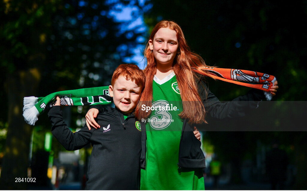 4 June 2024; Republic of Ireland supporters Noah, aged seven, Abbie Mahon, aged 11, before the international friendly match between Republic of Ireland and Hungary at Aviva Stadium in Dublin. Photo by Ben McShane/Sportsfile