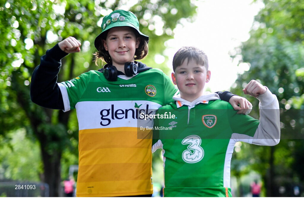 4 June 2024; Republic of Ireland supporters Luca Panza, aged 12, and Caleb Panza-Mills, aged 12, from Tullamore in Offaly before the international friendly match between Republic of Ireland and Hungary at Aviva Stadium in Dublin. Photo by Ben McShane/Sportsfile