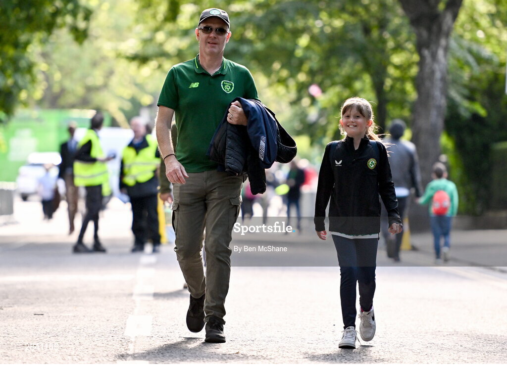 4 June 2024; Republic of Ireland supporters arrive before the international friendly match between Republic of Ireland and Hungary at Aviva Stadium in Dublin. Photo by Ben McShane/Sportsfile