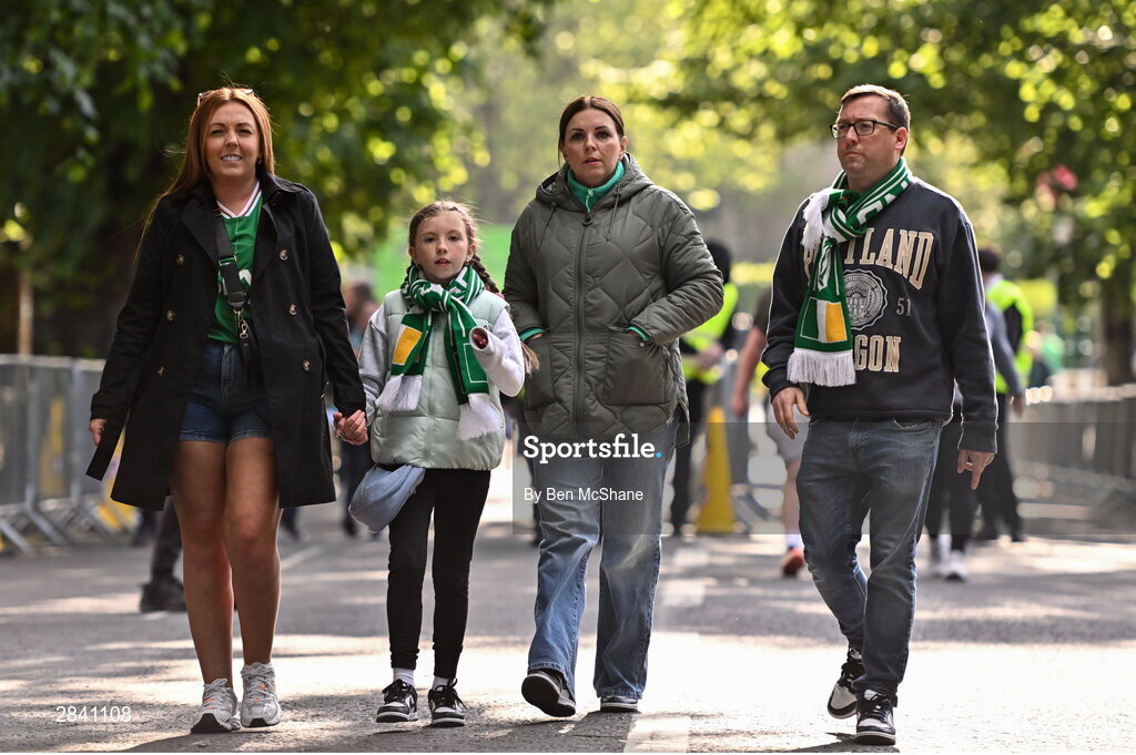 4 June 2024; Republic of Ireland supporters arrive before the international friendly match between Republic of Ireland and Hungary at Aviva Stadium in Dublin. Photo by Ben McShane/Sportsfile