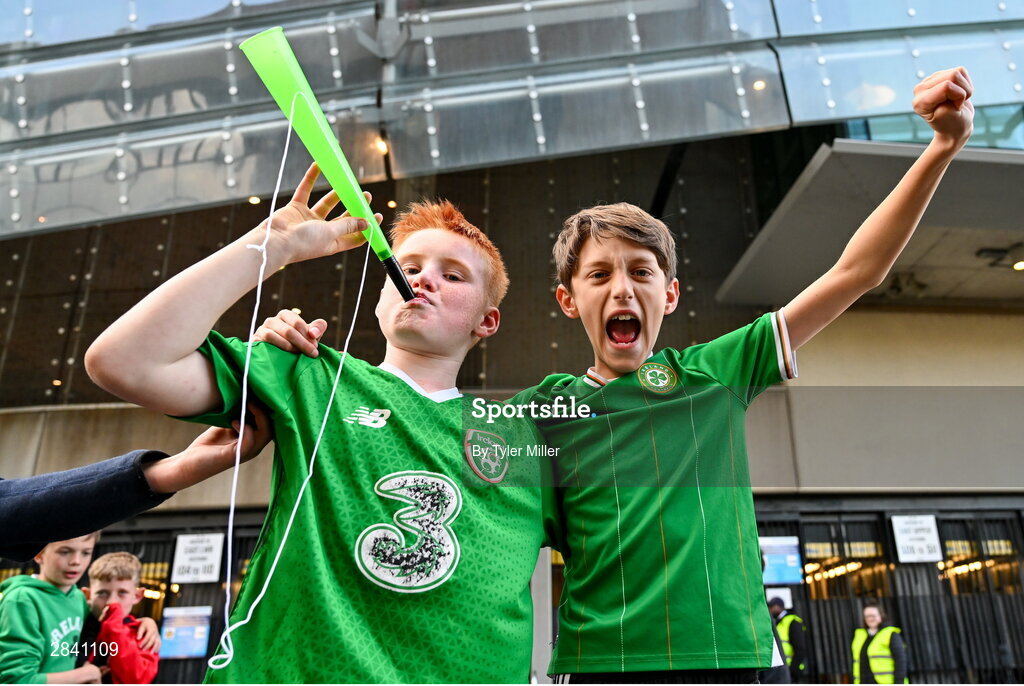 4 June 2024; Republic of Ireland supporters Daragh Colford and Joey Curby before the international friendly match between Republic of Ireland and Hungary at Aviva Stadium in Dublin. Photo by Tyler Miller/Sportsfile