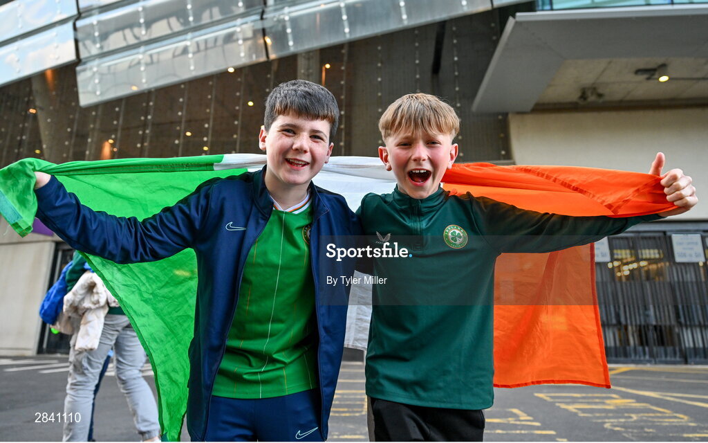4 June 2024; Republic of Ireland supporters Harry Dalton and Brody Campbell before the international friendly match between Republic of Ireland and Hungary at Aviva Stadium in Dublin. Photo by Tyler Miller/Sportsfile