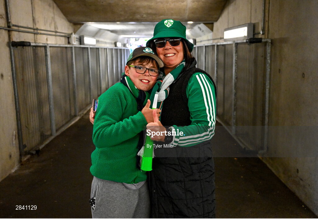 4 June 2024; Republic of Ireland supporters Karen and Oisin Caffrey before the international friendly match between Republic of Ireland and Hungary at Aviva Stadium in Dublin. Photo by Tyler Miller/Sportsfile