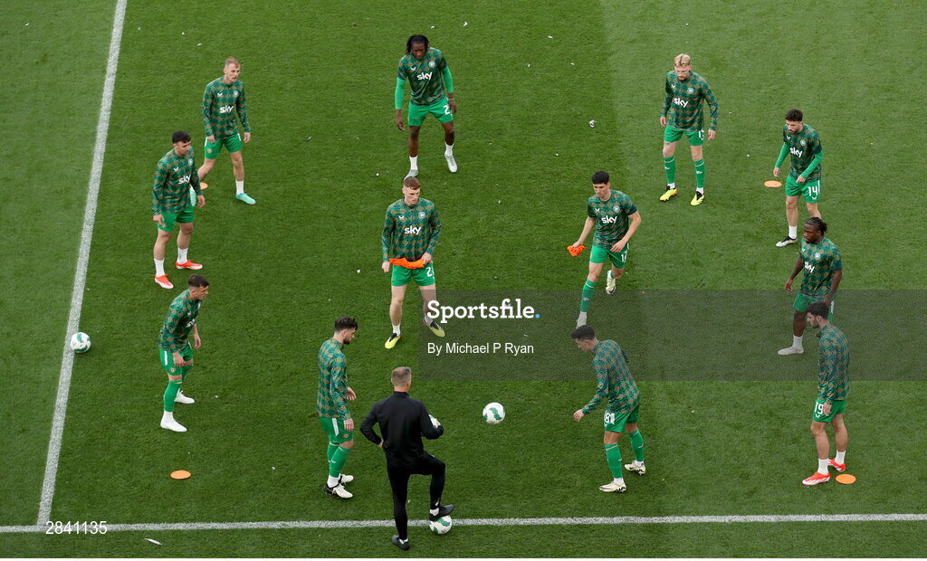 4 June 2024; Republic of Ireland players during the warm up before the international friendly match between Republic of Ireland and Hungary at Aviva Stadium in Dublin. Photo by Michael P Ryan/Sportsfile