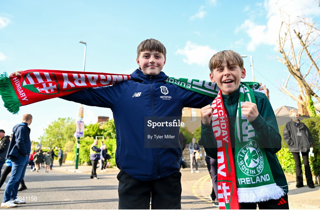 4 June 2024; Republic of Ireland supporters Robbie Mallon and Conor King before the international friendly match between Republic of Ireland and Hungary at Aviva Stadium in Dublin. Photo by Tyler Miller/Sportsfile