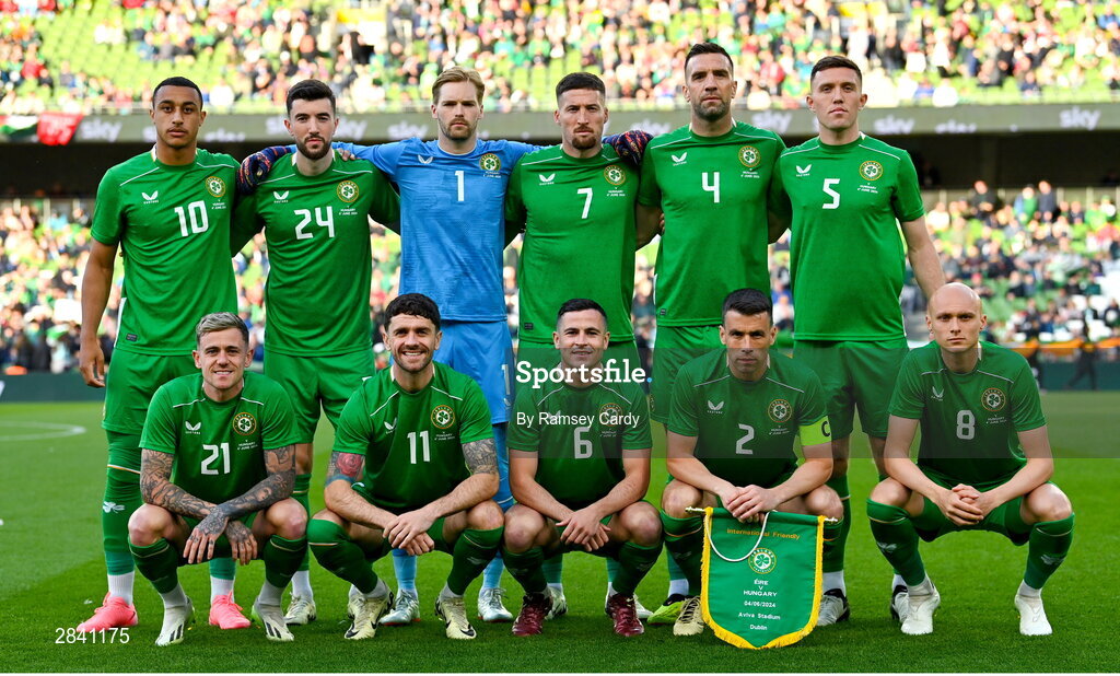 4 June 2024; The Republic of Ireland team, back row, from left, Adam Idah, Finn Azaz, Caoimhin Kelleher, Matt Doherty, Shane Duffy and Dara O'Shea, front row, from left, Sammie Szmodics, Robbie Brady, Josh Cullen, Seamus Coleman and Will Smallbone before the international friendly match between Republic of Ireland and Hungary at Aviva Stadium in Dublin. Photo by Ramsey Cardy/Sportsfile
