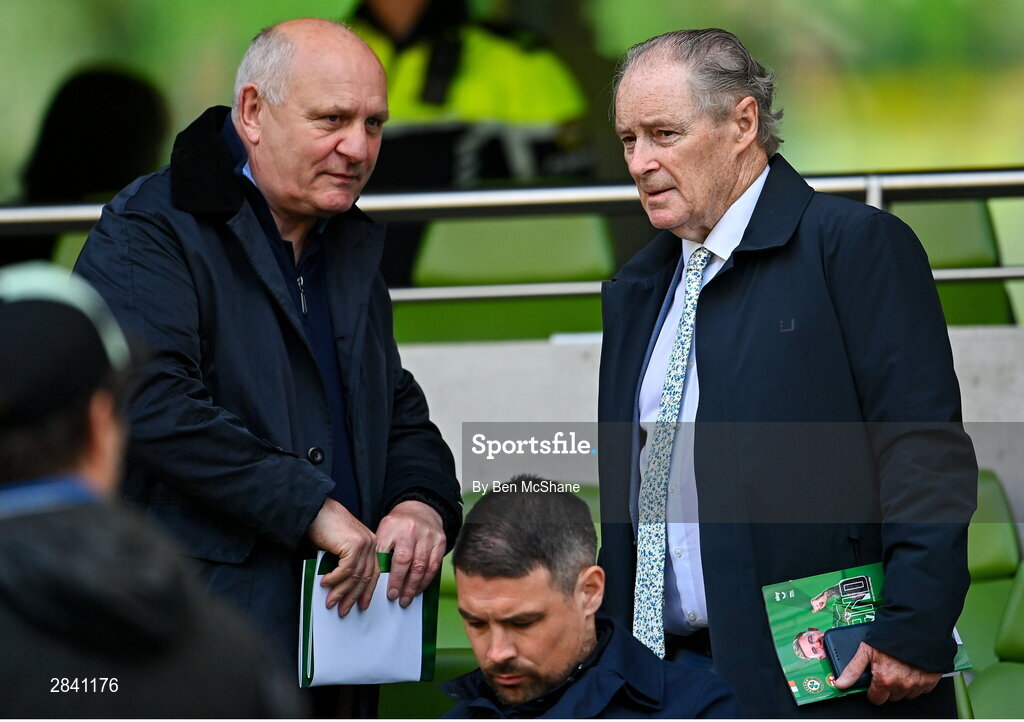 4 June 2024; Former FAI president Gerry McAnaney, left, and Virgin Media soccer analyst Brian Kerr before the international friendly match between Republic of Ireland and Hungary at Aviva Stadium in Dublin. Photo by Ben McShane/Sportsfile