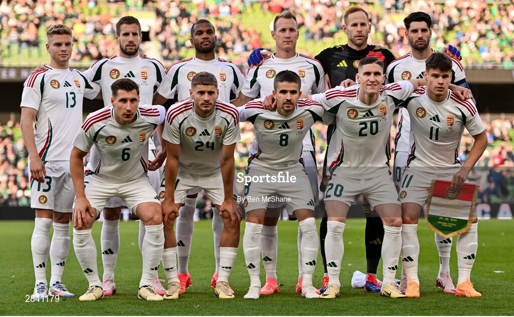 4 June 2024; The Hungary team pose for a picture before the international friendly match between Republic of Ireland and Hungary at Aviva Stadium in Dublin. Photo by Ben McShane/Sportsfile