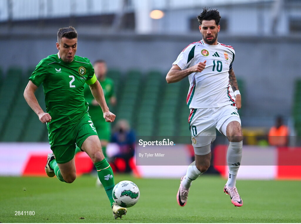 4 June 2024; Seamus Coleman of Republic of Ireland in action against Dominik Szoboszlai of Hungary during the international friendly match between Republic of Ireland and Hungary at Aviva Stadium in Dublin. Photo by Tyler Miller/Sportsfile