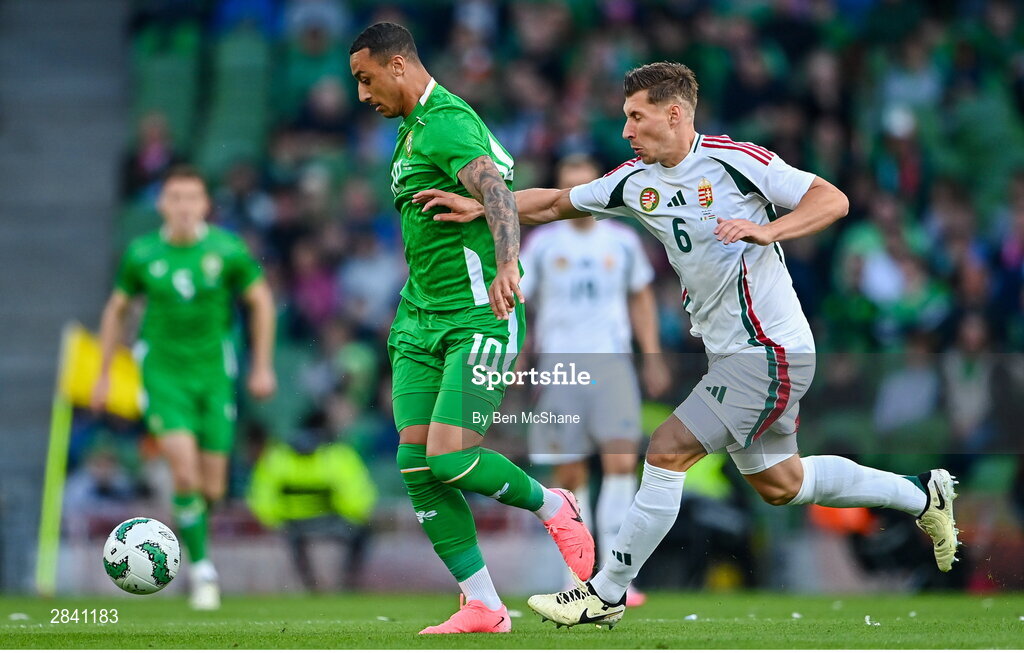 4 June 2024; Adam Idah of Republic of Ireland in action against Willi Orbán of Hungary during the international friendly match between Republic of Ireland and Hungary at Aviva Stadium in Dublin. Photo by Ben McShane/Sportsfile