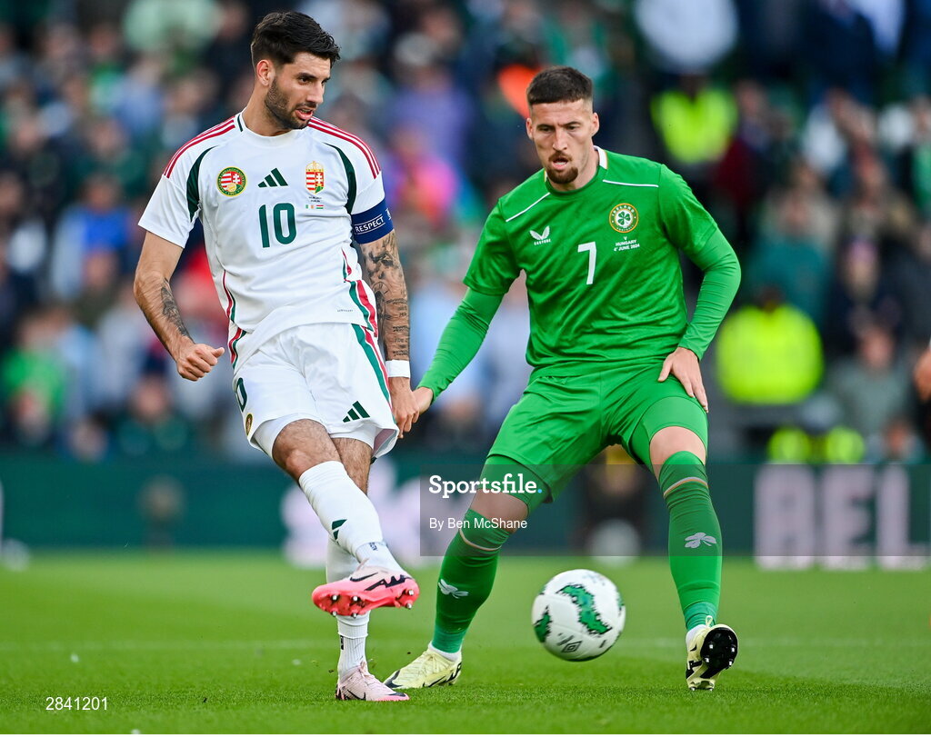 4 June 2024; Dominik Szoboszlai of Hungary in action against Matt Doherty of Republic of Ireland during the international friendly match between Republic of Ireland and Hungary at Aviva Stadium in Dublin. Photo by Ben McShane/Sportsfile