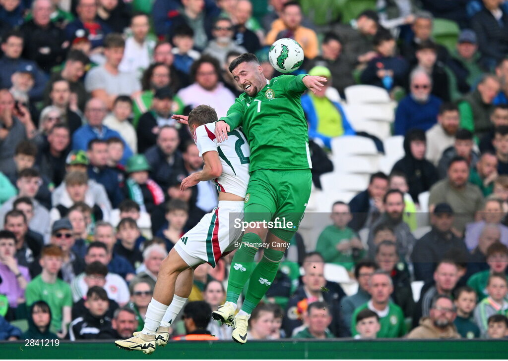 4 June 2024; Matt Doherty of Republic of Ireland in action against Márton Dárdai of Hungary during the international friendly match between Republic of Ireland and Hungary at Aviva Stadium in Dublin. Photo by Ramsey Cardy/Sportsfile