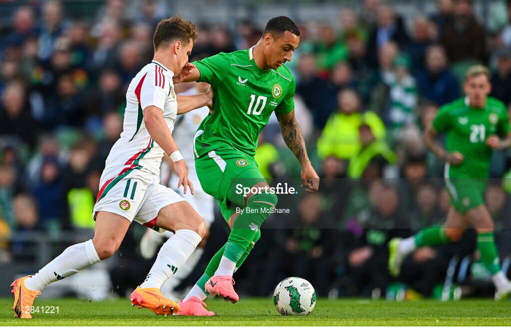 4 June 2024; Adam Idah of Republic of Ireland in action against Milos Kerkez of Hungary during the international friendly match between Republic of Ireland and Hungary at Aviva Stadium in Dublin. Photo by Ben McShane/Sportsfile