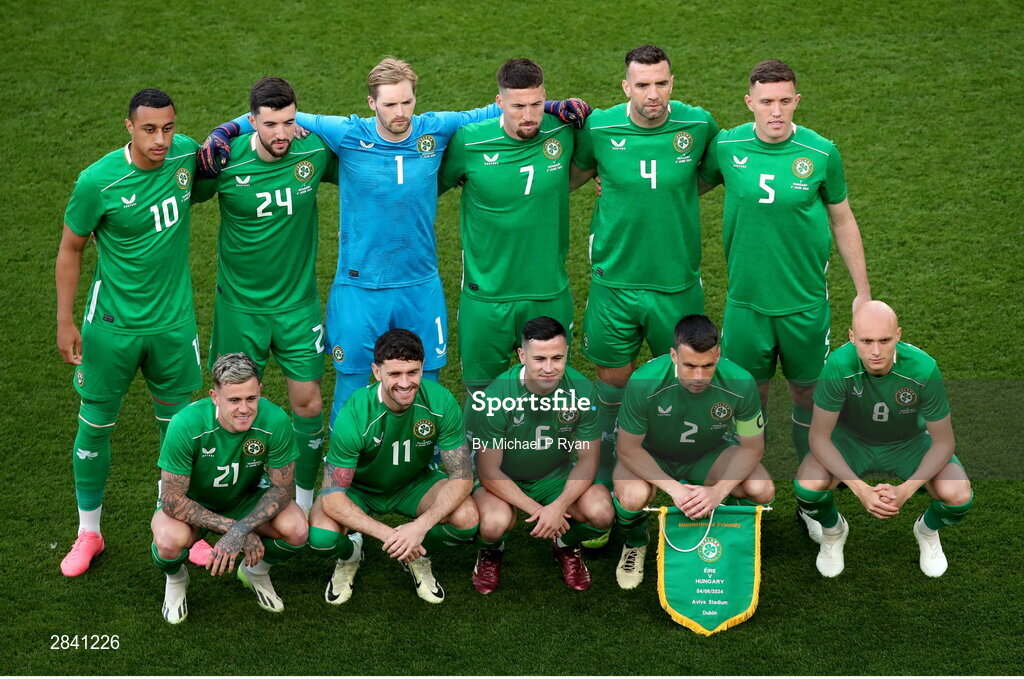 4 June 2024; The Republic of Ireland team, back row, from left, Adam Idah, Finn Azaz, Caoimhin Kelleher, Matt Doherty, Shane Duffy and Dara O'Shea, front row, from left, Sammie Szmodics, Robbie Brady, Josh Cullen, Seamus Coleman and Will Smallbone before the international friendly match between Republic of Ireland and Hungary at Aviva Stadium in Dublin. Photo by Michael P Ryan/Sportsfile