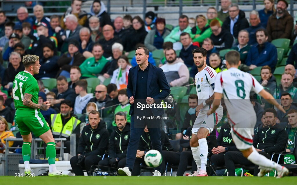 4 June 2024; Republic of Ireland interim head coach John O'Shea looks on during the international friendly match between Republic of Ireland and Hungary at Aviva Stadium in Dublin. Photo by Ben McShane/Sportsfile