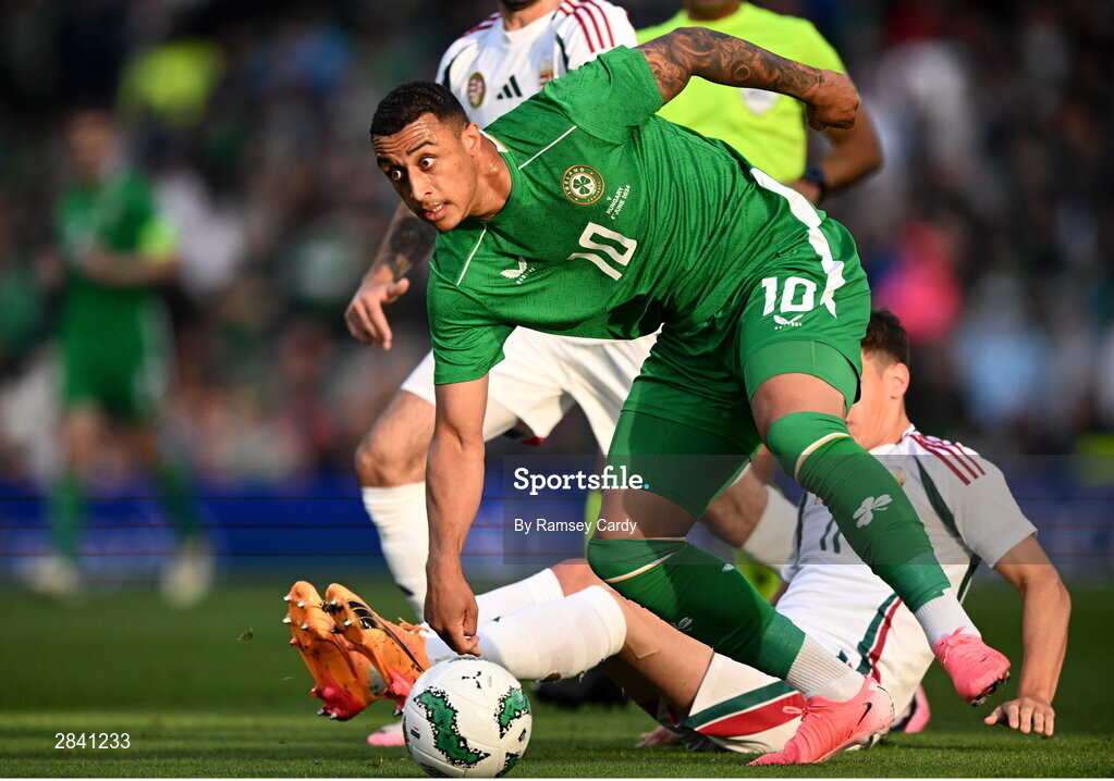4 June 2024; Adam Idah of Republic of Ireland in action against Milos Kerkez of Hungary during the international friendly match between Republic of Ireland and Hungary at Aviva Stadium in Dublin. Photo by Ramsey Cardy/Sportsfile