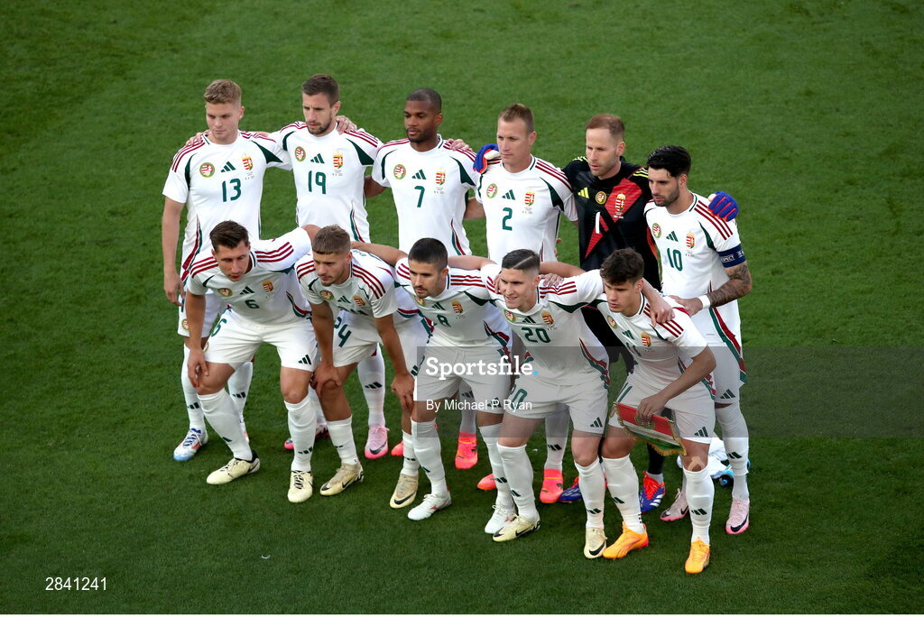4 June 2024; The Hungary team pose for a picture before the international friendly match between Republic of Ireland and Hungary at Aviva Stadium in Dublin. Photo by Michael P Ryan/Sportsfile