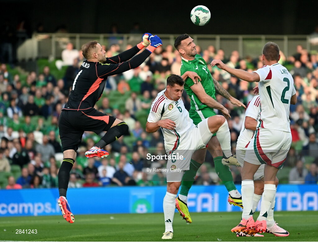 4 June 2024; Shane Duffy of Republic of Ireland in action against Willi Orbán of Hungary during the international friendly match between Republic of Ireland and Hungary at Aviva Stadium in Dublin. Photo by Ramsey Cardy/Sportsfile