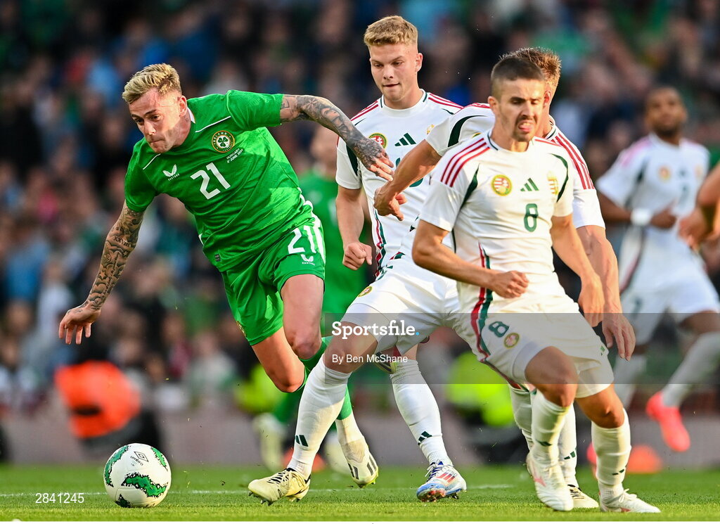4 June 2024; Sammie Szmodics of Republic of Ireland in action against Hungary players, from left, András Schäfer, Willi Orbán and Ádám Nagy during the international friendly match between Republic of Ireland and Hungary at Aviva Stadium in Dublin. Photo by Ben McShane/Sportsfile