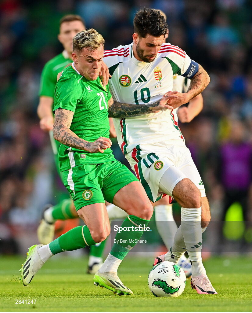 4 June 2024; Sammie Szmodics of Republic of Ireland in action against Dominik Szoboszlai of Hungary during the international friendly match between Republic of Ireland and Hungary at Aviva Stadium in Dublin. Photo by Ben McShane/Sportsfile