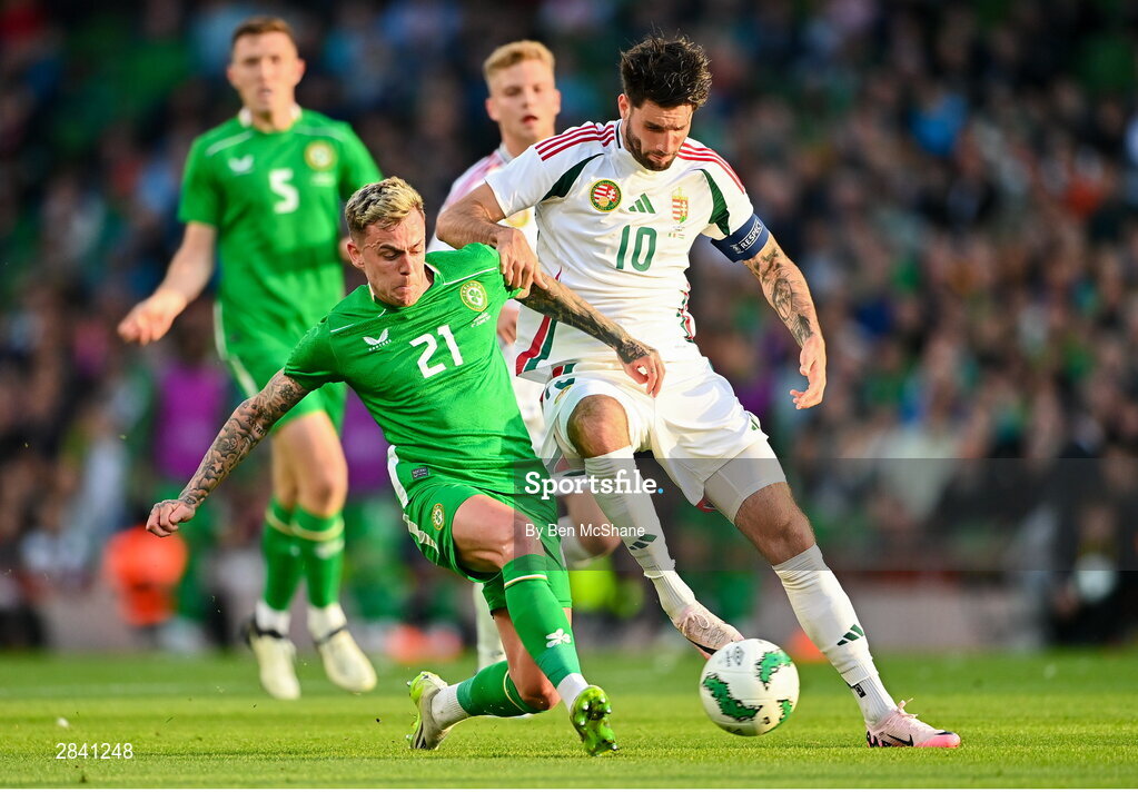 4 June 2024; Sammie Szmodics of Republic of Ireland in action against Dominik Szoboszlai of Hungary during the international friendly match between Republic of Ireland and Hungary at Aviva Stadium in Dublin. Photo by Ben McShane/Sportsfile