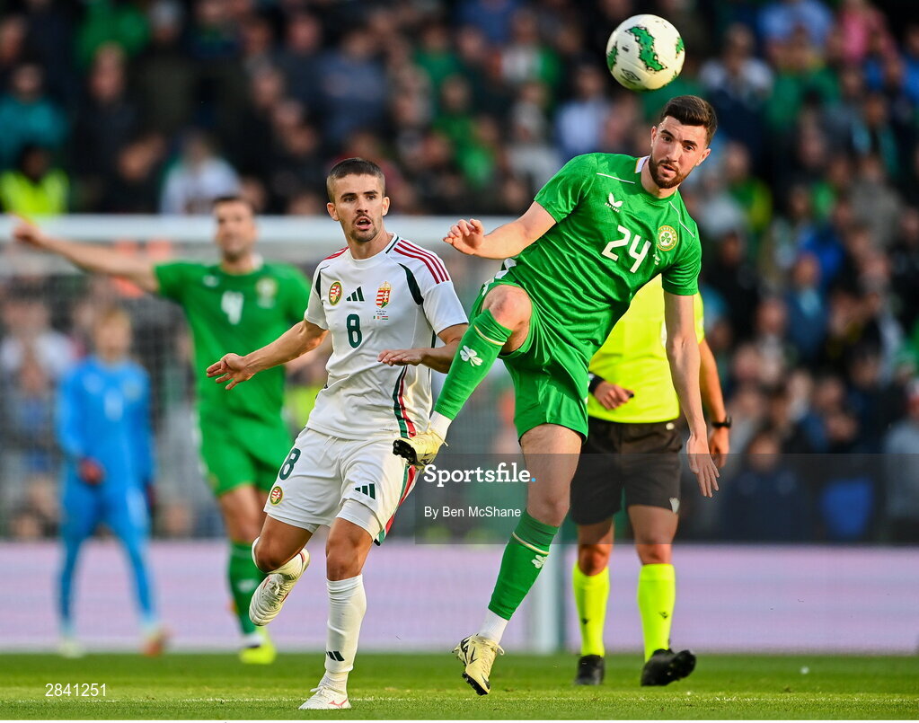 4 June 2024; Finn Azaz of Republic of Ireland in action against Ádám Nagy of Hungary during the international friendly match between Republic of Ireland and Hungary at Aviva Stadium in Dublin. Photo by Ben McShane/Sportsfile