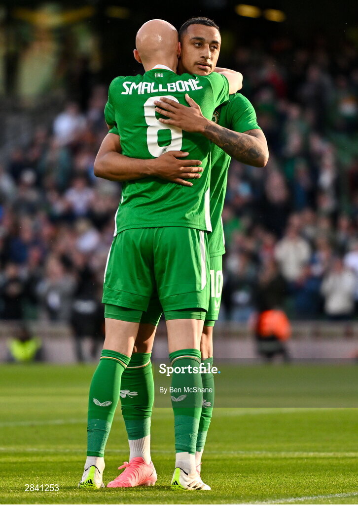 4 June 2024; Adam Idah of Republic of Ireland, right, celebrates teammate Will Smallbone after scoring his side's first goal during the international friendly match between Republic of Ireland and Hungary at Aviva Stadium in Dublin. Photo by Ben McShane/Sportsfile
