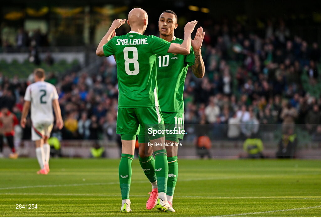 4 June 2024; Adam Idah of Republic of Ireland, right, celebrates teammate Will Smallbone after scoring his side's first goal during the international friendly match between Republic of Ireland and Hungary at Aviva Stadium in Dublin. Photo by Ben McShane/Sportsfile