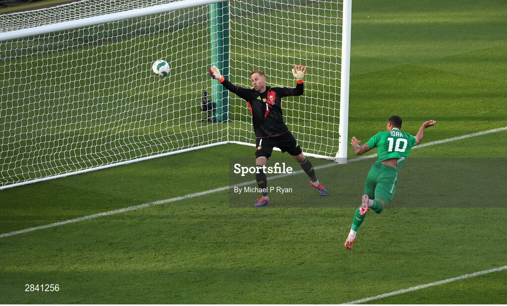 4 June 2024; Adam Idah of Republic of Ireland heads to score his side's first goal during the international friendly match between Republic of Ireland and Hungary at Aviva Stadium in Dublin. Photo by Michael P Ryan/Sportsfile