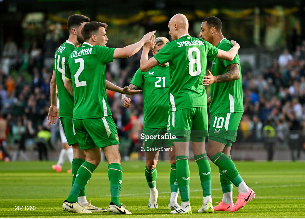 4 June 2024; Adam Idah of Republic of Ireland, right, celebrates with teammates after scoring his side's first goal during the international friendly match between Republic of Ireland and Hungary at Aviva Stadium in Dublin. Photo by Ben McShane/Sportsfile
