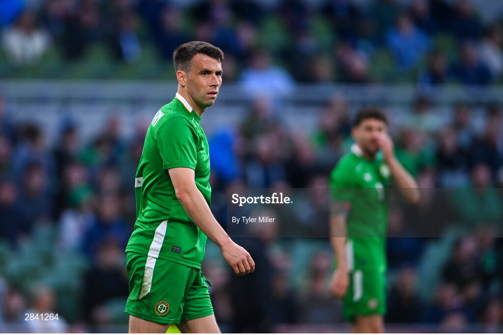 4 June 2024; Seamus Coleman of Republic of Ireland reacts after conceding a goal during the international friendly match between Republic of Ireland and Hungary at Aviva Stadium in Dublin. Photo by Tyler Miller/Sportsfile