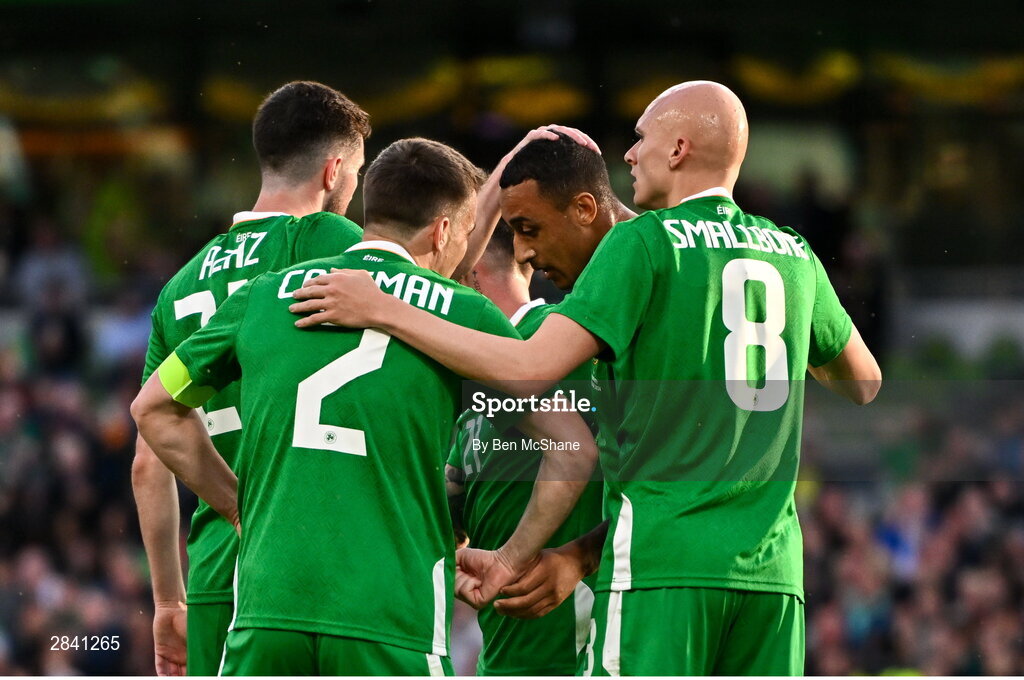 4 June 2024; Adam Idah of Republic of Ireland, second right, celebrates with teammates including Seamus Coleman and Will Smallbone after scoring his side's first goal during the international friendly match between Republic of Ireland and Hungary at Aviva Stadium in Dublin. Photo by Ben McShane/Sportsfile