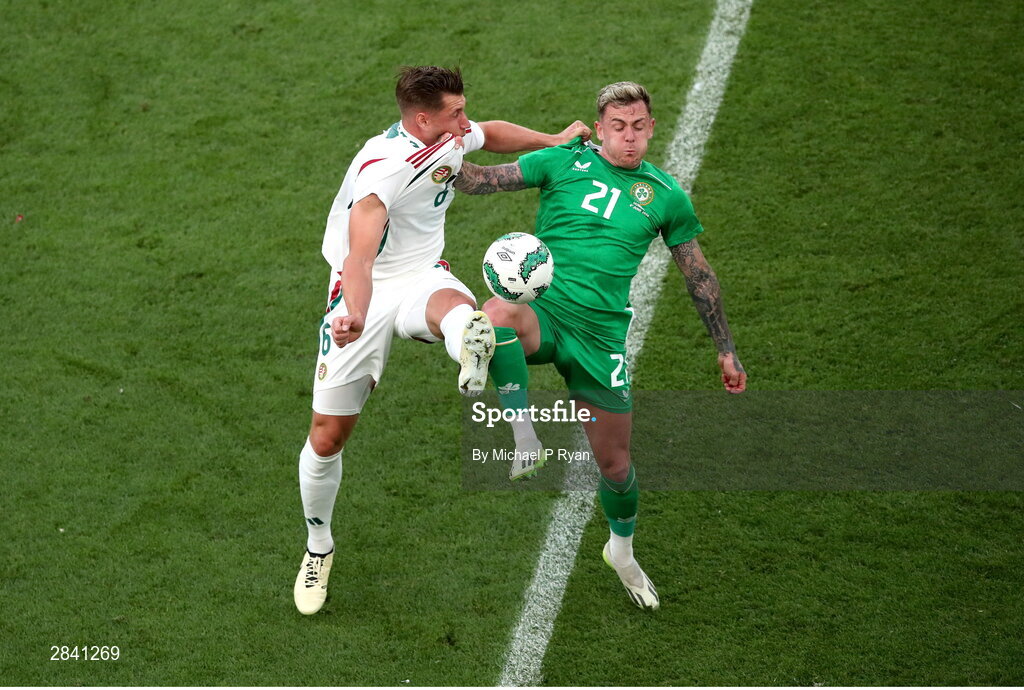 4 June 2024; Sammie Szmodics of Republic of Ireland in action against Willi Orbán of Hungary during the international friendly match between Republic of Ireland and Hungary at Aviva Stadium in Dublin. Photo by Michael P Ryan/Sportsfile