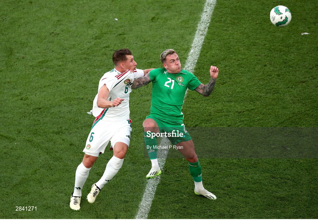 4 June 2024; Sammie Szmodics of Republic of Ireland in action against Willi Orbán of Hungary during the international friendly match between Republic of Ireland and Hungary at Aviva Stadium in Dublin. Photo by Michael P Ryan/Sportsfile