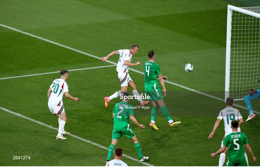 4 June 2024; Ádám Lang of Hungary shoots to score his side's first goal during the international friendly match between Republic of Ireland and Hungary at Aviva Stadium in Dublin. Photo by Michael P Ryan/Sportsfile