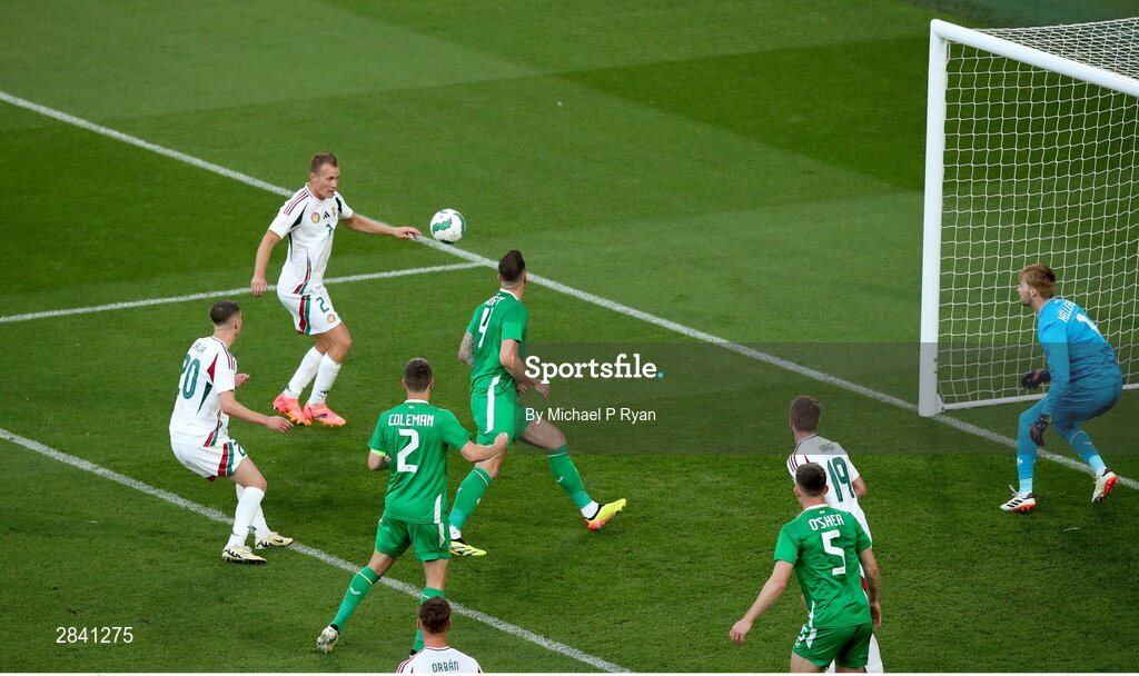 4 June 2024; Ádám Lang of Hungary on his way to scoring his side's first goal during the international friendly match between Republic of Ireland and Hungary at Aviva Stadium in Dublin. Photo by Michael P Ryan/Sportsfile