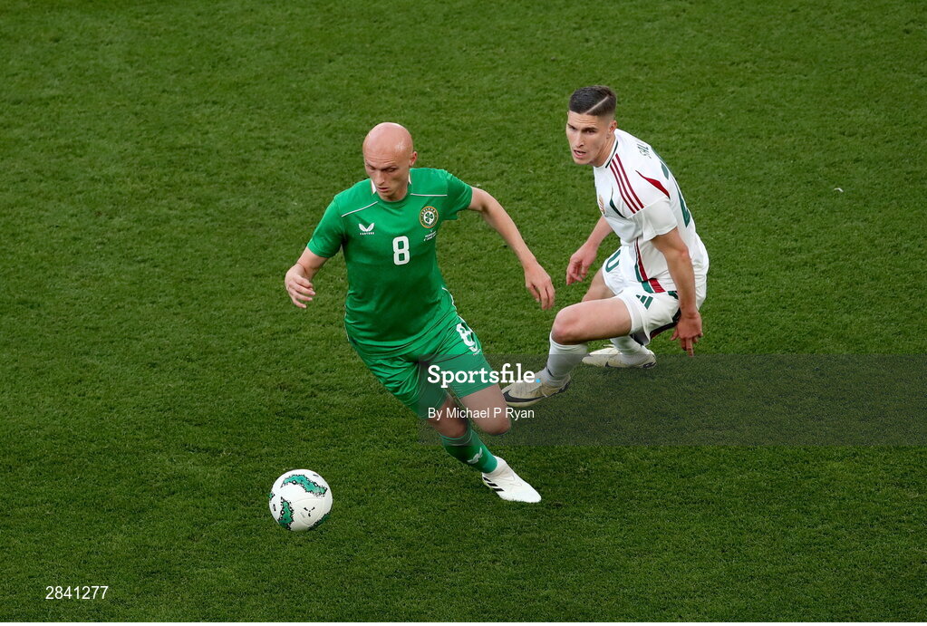 4 June 2024; Will Smallbone of Republic of Ireland in action against Dominik Szoboszlai of Hungary during the international friendly match between Republic of Ireland and Hungary at Aviva Stadium in Dublin. Photo by Michael P Ryan/Sportsfile