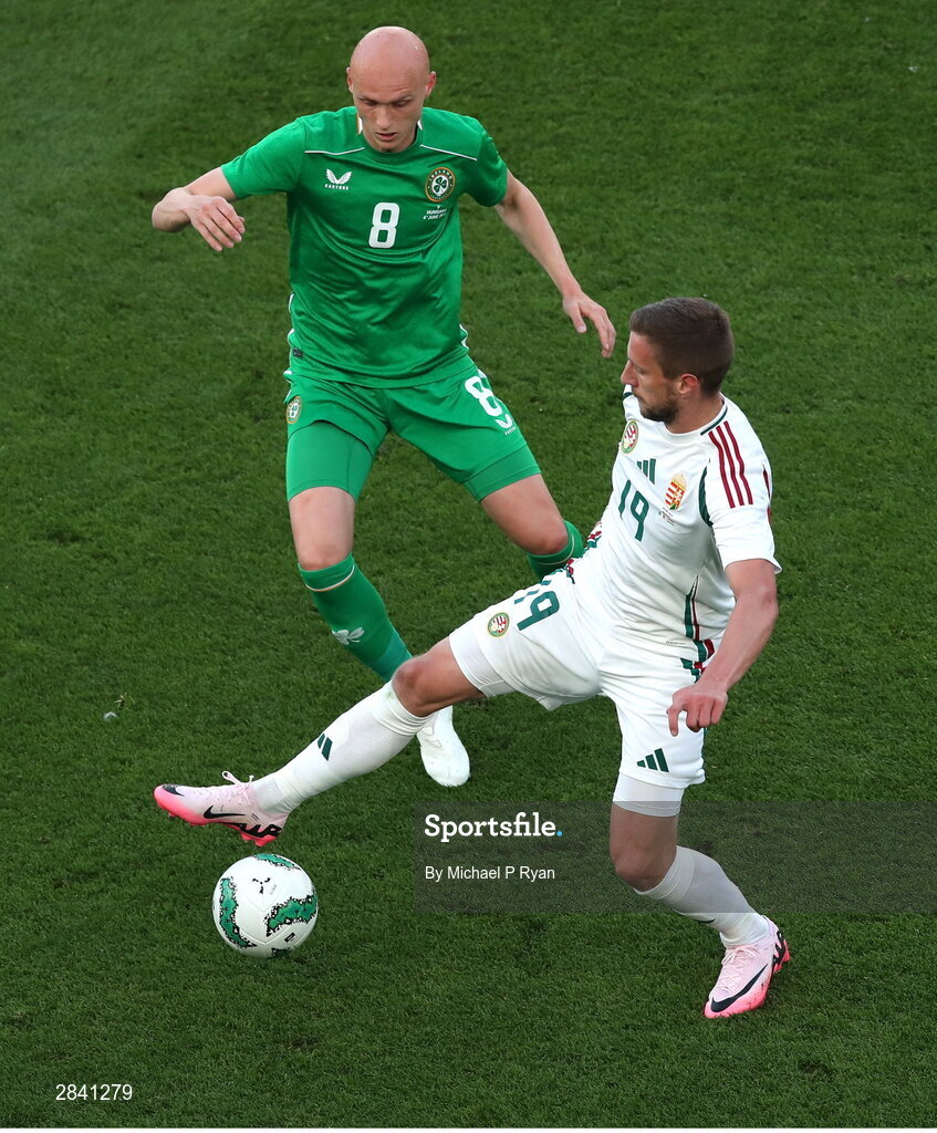 4 June 2024; Barnabás Varga of Hungary in action against Will Smallbone of Republic of Ireland during the international friendly match between Republic of Ireland and Hungary at Aviva Stadium in Dublin. Photo by Michael P Ryan/Sportsfile