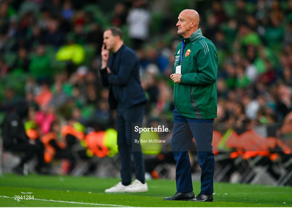 4 June 2024; Hungary manager Marco Rossi, right, and Republic of Ireland interim head coach John O'Shea during the international friendly match between Republic of Ireland and Hungary at Aviva Stadium in Dublin. Photo by Ben McShane/Sportsfile