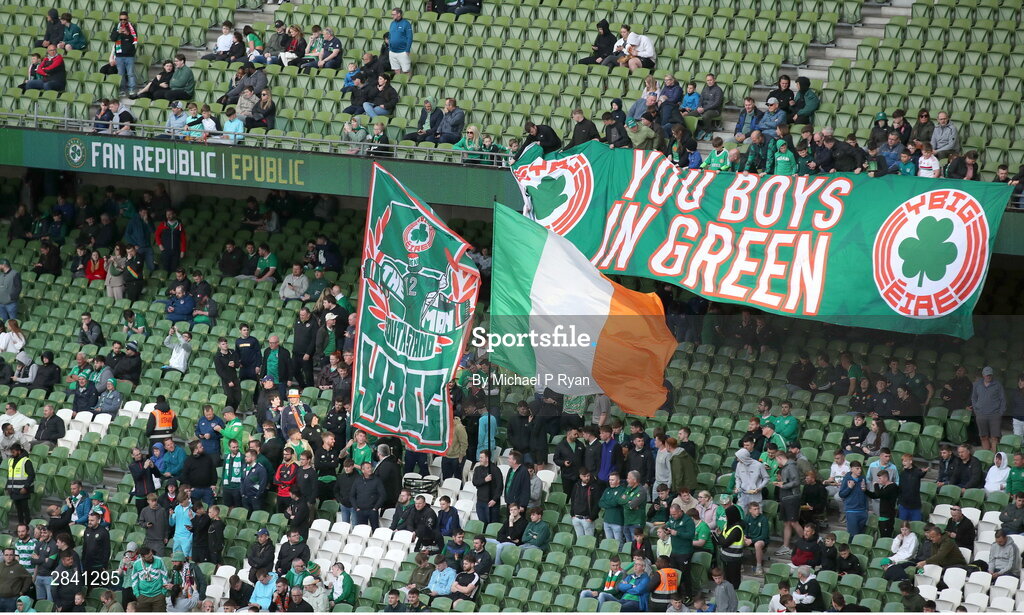 4 June 2024; Republic of Ireland and Hungary supporters flags are seen during the international friendly match between Republic of Ireland and Hungary at Aviva Stadium in Dublin. Photo by Michael P Ryan/Sportsfile