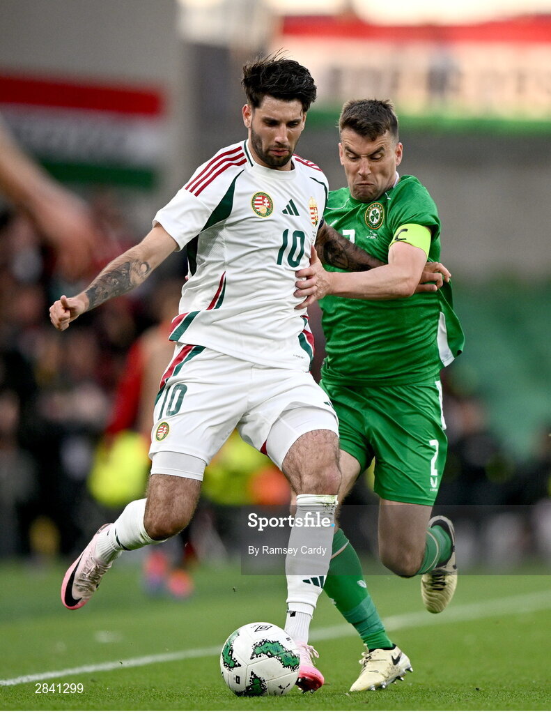 4 June 2024; Dominik Szoboszlai of Hungary in action against Seamus Coleman of Republic of Ireland during the international friendly match between Republic of Ireland and Hungary at Aviva Stadium in Dublin. Photo by Ramsey Cardy/Sportsfile